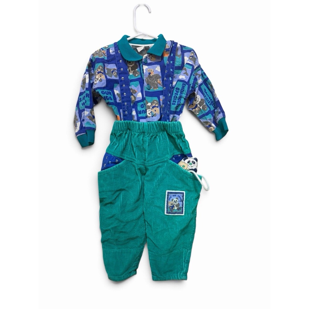 Vintage Cache-Cache Kids Outfit 2T Endangered Species Shirt Corduroy Overall USA